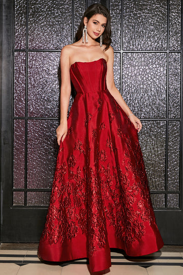 A-linje Axelbandslös Elegant Prinsessa Mörkröd Lång Balklänning med 3D-blommor
